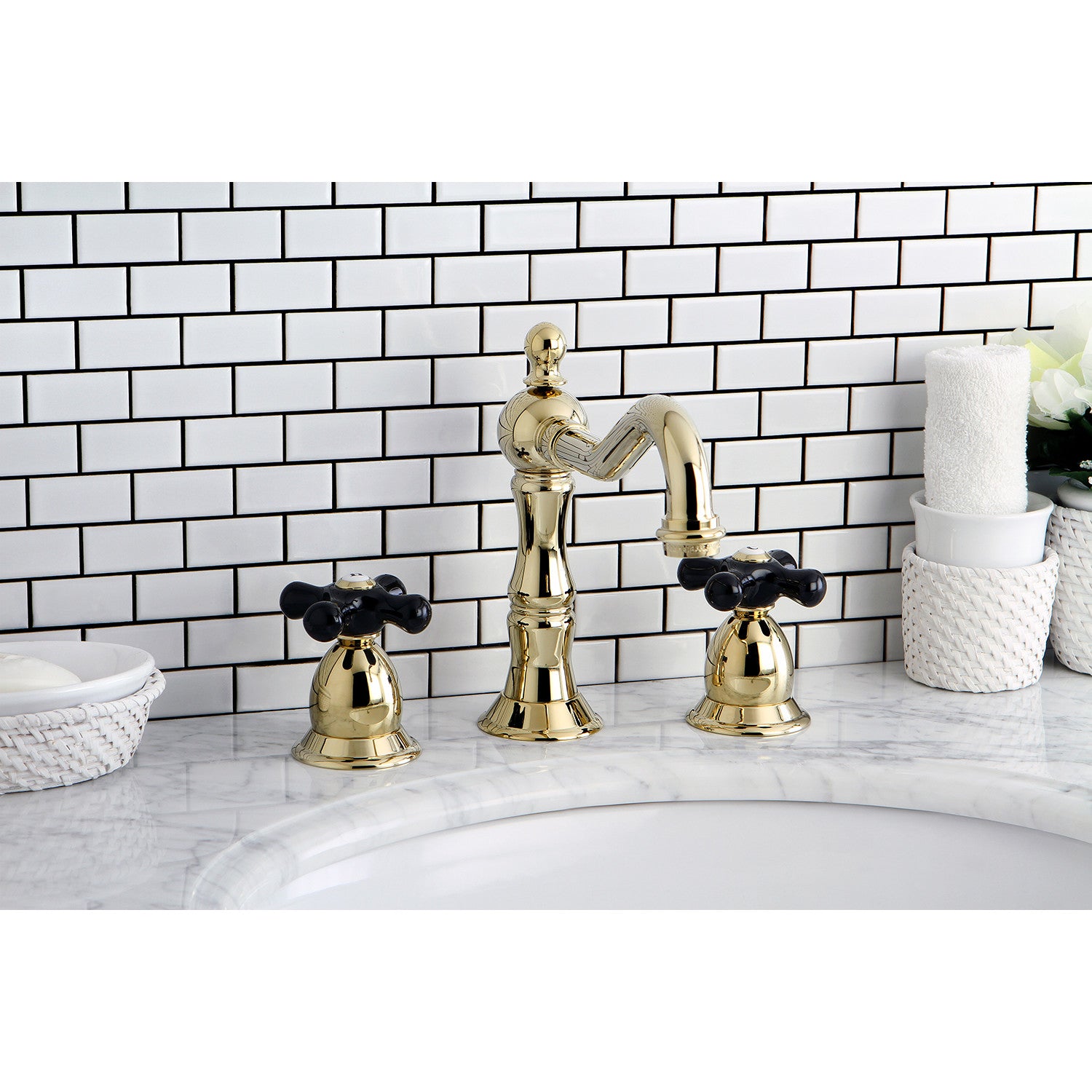 Kingston Heirloom KS1972PKX - Duchess Two-Handle 3-Hole Deck Mount Widespread Bathroom Faucet with Brass Pop-Up, Polished Brass — thumbnail 2